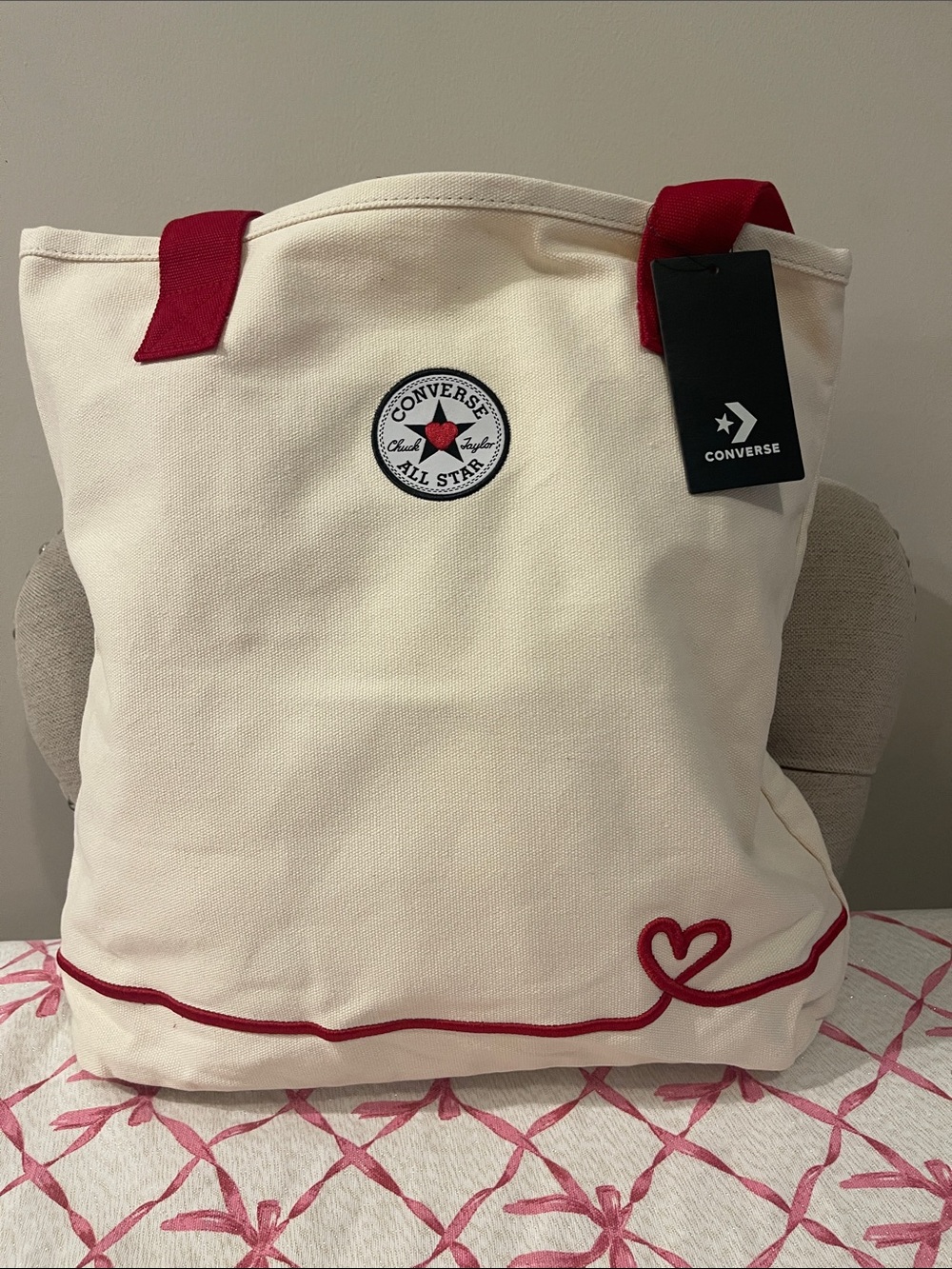 Converse Cream Canvas Tote with Red Handles and Heart Detail